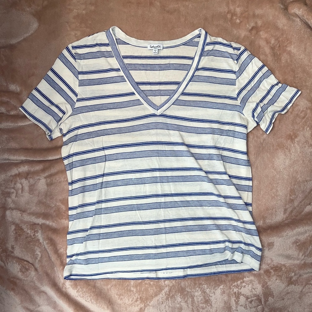 Blue and white striped v neck
